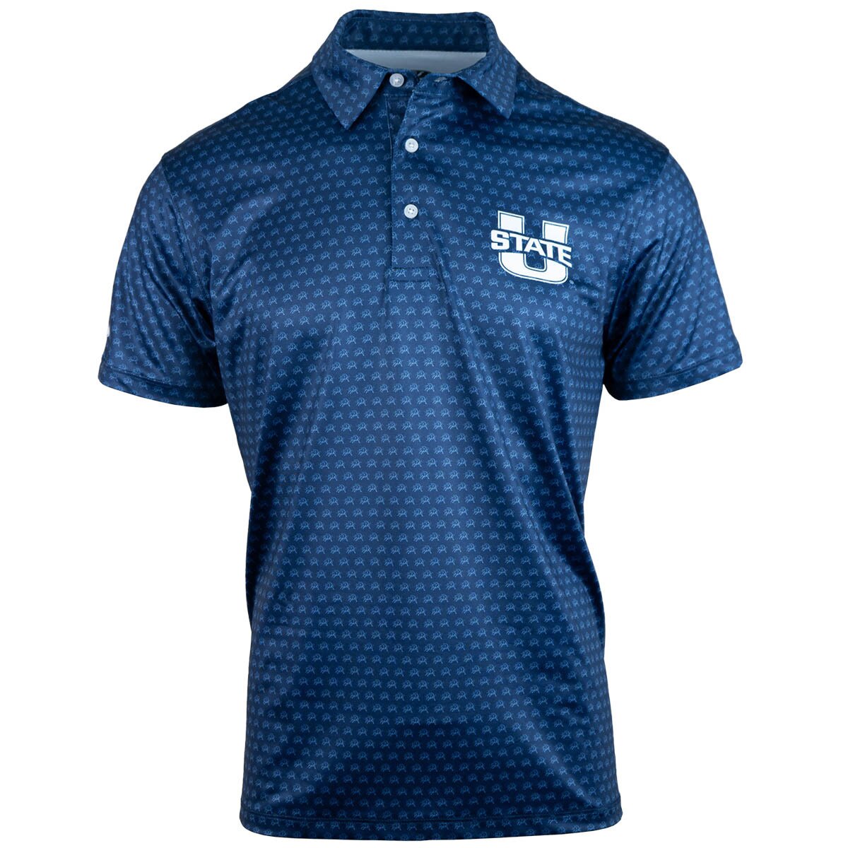 Men's U-State logo aggie bull pattern navy polo